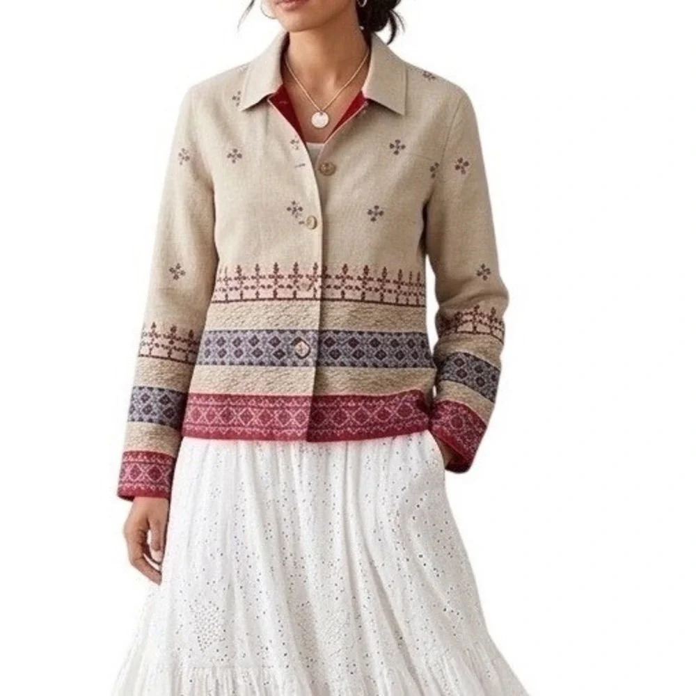 Linen Blend Embroidered‎ Lace Southwestern Jacket Cottagecore Beige Red Blue Med